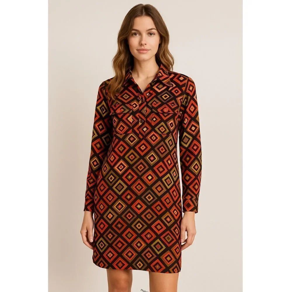 Uncle Frank Retro Geometric Patterned Long Sleeve Dress